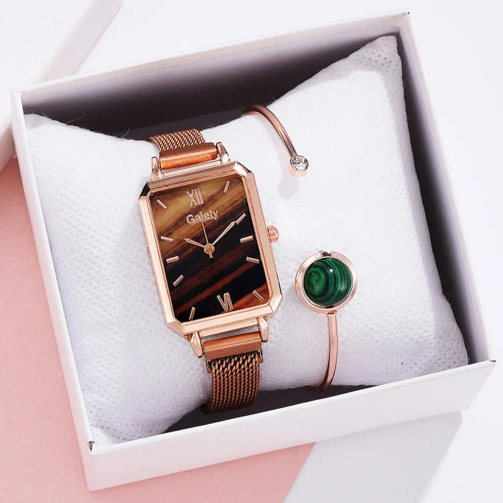 2pcs Set Women Watches Fashion Square Ladies Quartz Watch  Bracelet Simple Rose Gold Mesh Luxury Women Watches Relogio Feminino