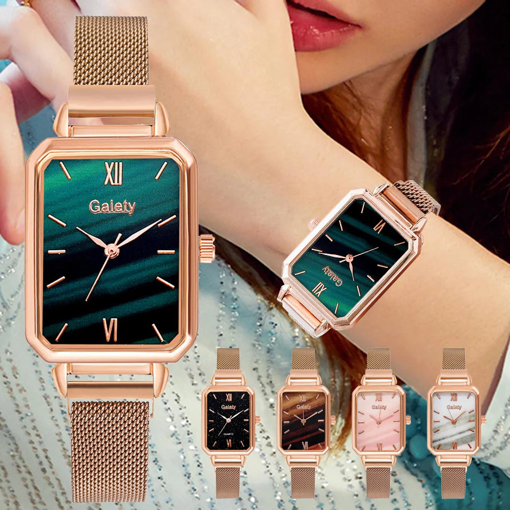 2pcs Set Women Watches Fashion Square Ladies Quartz Watch  Bracelet Simple Rose Gold Mesh Luxury Women Watches Relogio Feminino