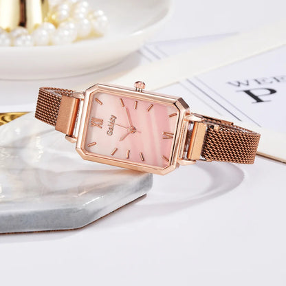 2pcs Set Women Watches Fashion Square Ladies Quartz Watch  Bracelet Simple Rose Gold Mesh Luxury Women Watches Relogio Feminino