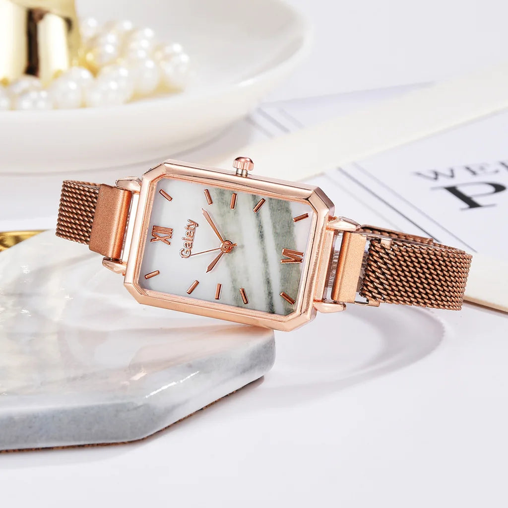2pcs Set Women Watches Fashion Square Ladies Quartz Watch  Bracelet Simple Rose Gold Mesh Luxury Women Watches Relogio Feminino