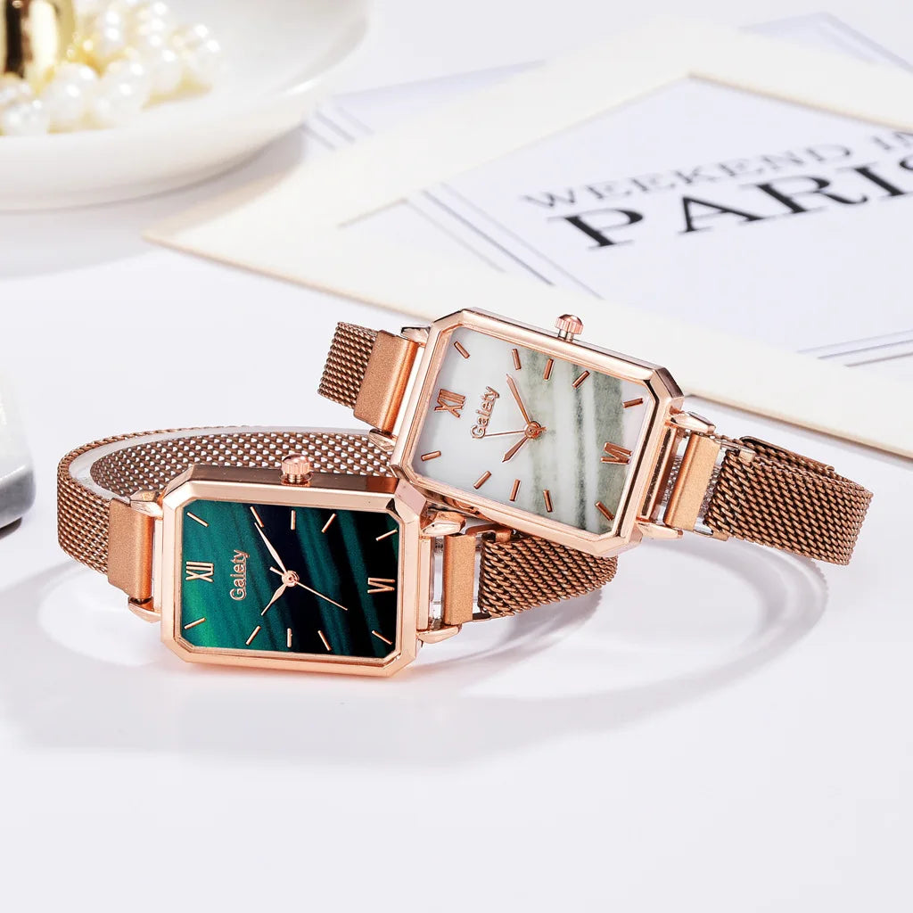 2pcs Set Women Watches Fashion Square Ladies Quartz Watch  Bracelet Simple Rose Gold Mesh Luxury Women Watches Relogio Feminino