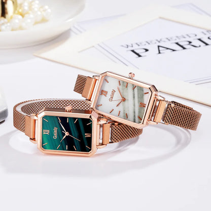 2pcs Set Women Watches Fashion Square Ladies Quartz Watch  Bracelet Simple Rose Gold Mesh Luxury Women Watches Relogio Feminino