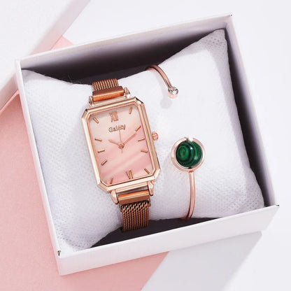 2pcs Set Women Watches Fashion Square Ladies Quartz Watch  Bracelet Simple Rose Gold Mesh Luxury Women Watches Relogio Feminino