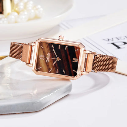 2pcs Set Women Watches Fashion Square Ladies Quartz Watch  Bracelet Simple Rose Gold Mesh Luxury Women Watches Relogio Feminino