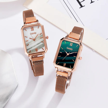 2pcs Set Women Watches Fashion Square Ladies Quartz Watch  Bracelet Simple Rose Gold Mesh Luxury Women Watches Relogio Feminino