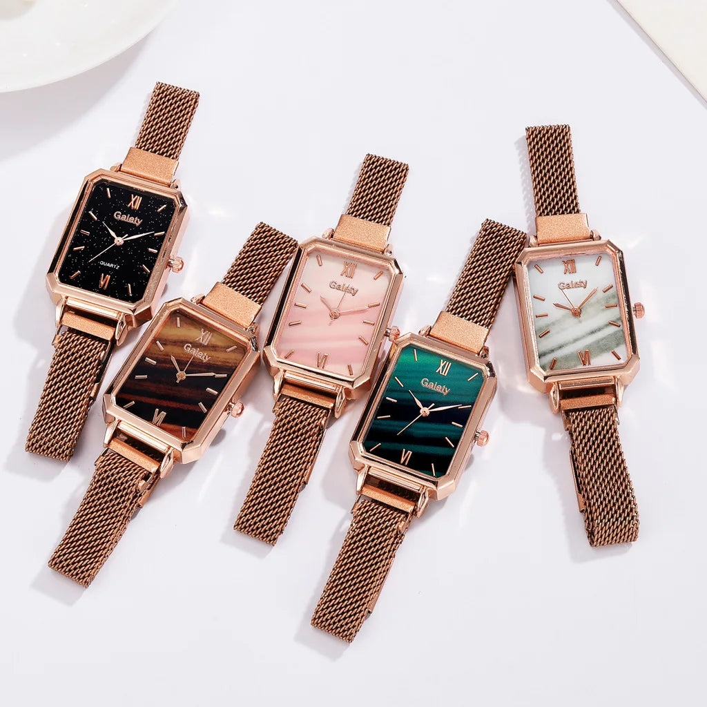 2pcs Set Women Watches Fashion Square Ladies Quartz Watch  Bracelet Simple Rose Gold Mesh Luxury Women Watches Relogio Feminino