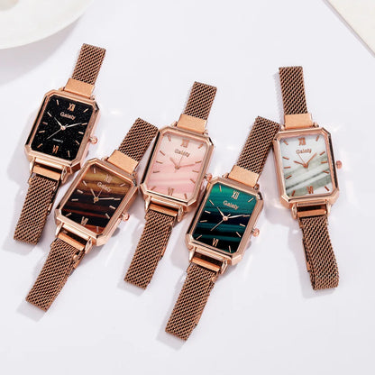 2pcs Set Women Watches Fashion Square Ladies Quartz Watch  Bracelet Simple Rose Gold Mesh Luxury Women Watches Relogio Feminino