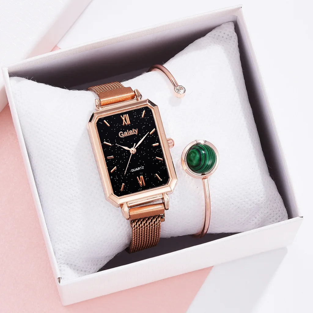 2pcs Set Women Watches Fashion Square Ladies Quartz Watch  Bracelet Simple Rose Gold Mesh Luxury Women Watches Relogio Feminino