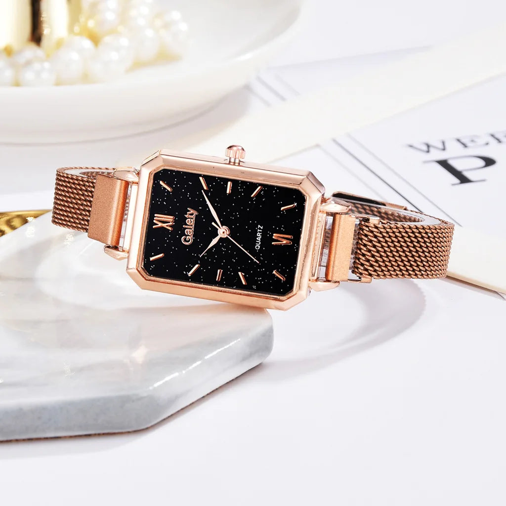 2pcs Set Women Watches Fashion Square Ladies Quartz Watch  Bracelet Simple Rose Gold Mesh Luxury Women Watches Relogio Feminino