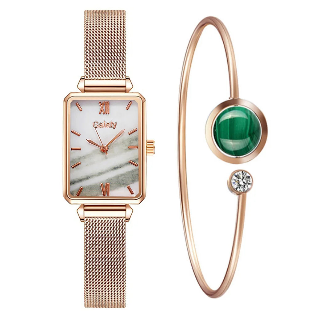 2pcs Set Women Watches Fashion Square Ladies Quartz Watch  Bracelet Simple Rose Gold Mesh Luxury Women Watches Relogio Feminino