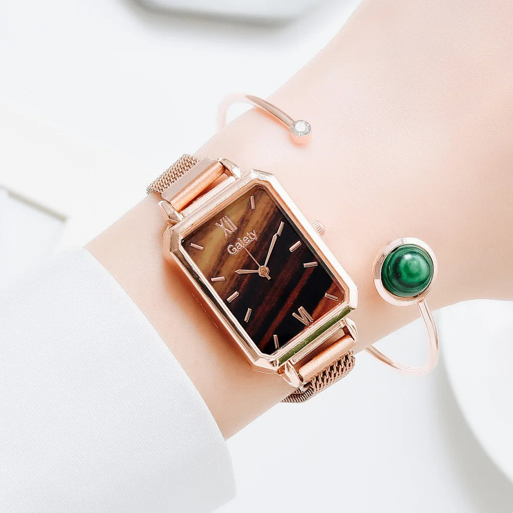 2pcs Set Women Watches Fashion Square Ladies Quartz Watch  Bracelet Simple Rose Gold Mesh Luxury Women Watches Relogio Feminino