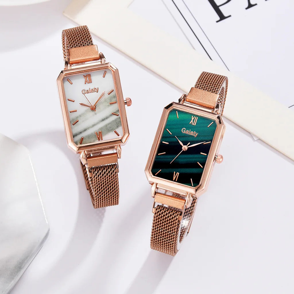 2pcs Set Women Watches Fashion Square Ladies Quartz Watch  Bracelet Simple Rose Gold Mesh Luxury Women Watches Relogio Feminino