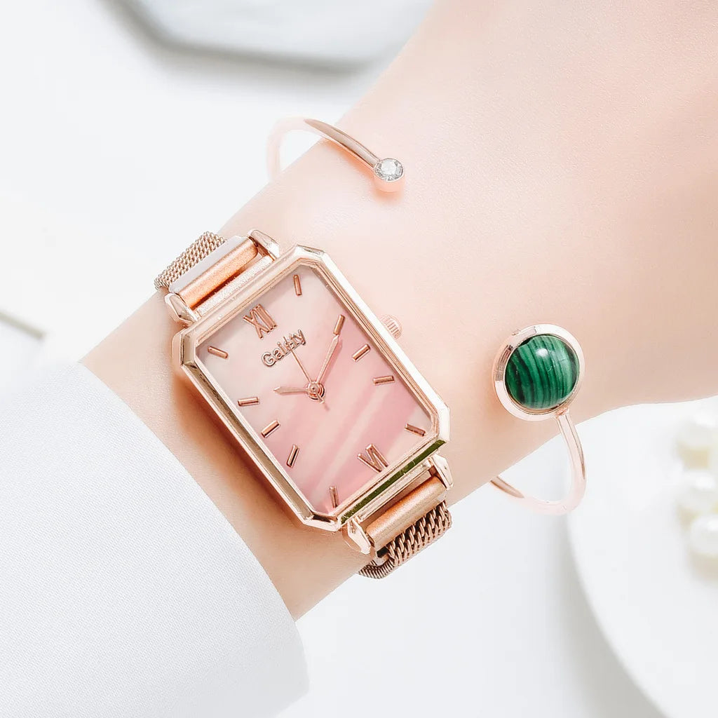 2pcs Set Women Watches Fashion Square Ladies Quartz Watch  Bracelet Simple Rose Gold Mesh Luxury Women Watches Relogio Feminino