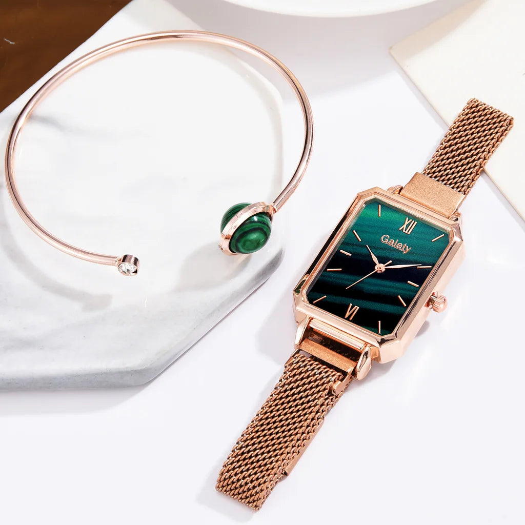 2pcs Set Women Watches Fashion Square Ladies Quartz Watch  Bracelet Simple Rose Gold Mesh Luxury Women Watches Relogio Feminino
