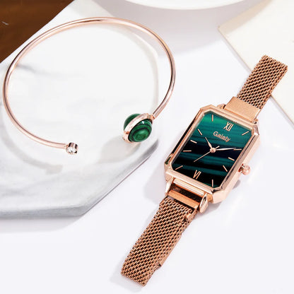 2pcs Set Women Watches Fashion Square Ladies Quartz Watch  Bracelet Simple Rose Gold Mesh Luxury Women Watches Relogio Feminino