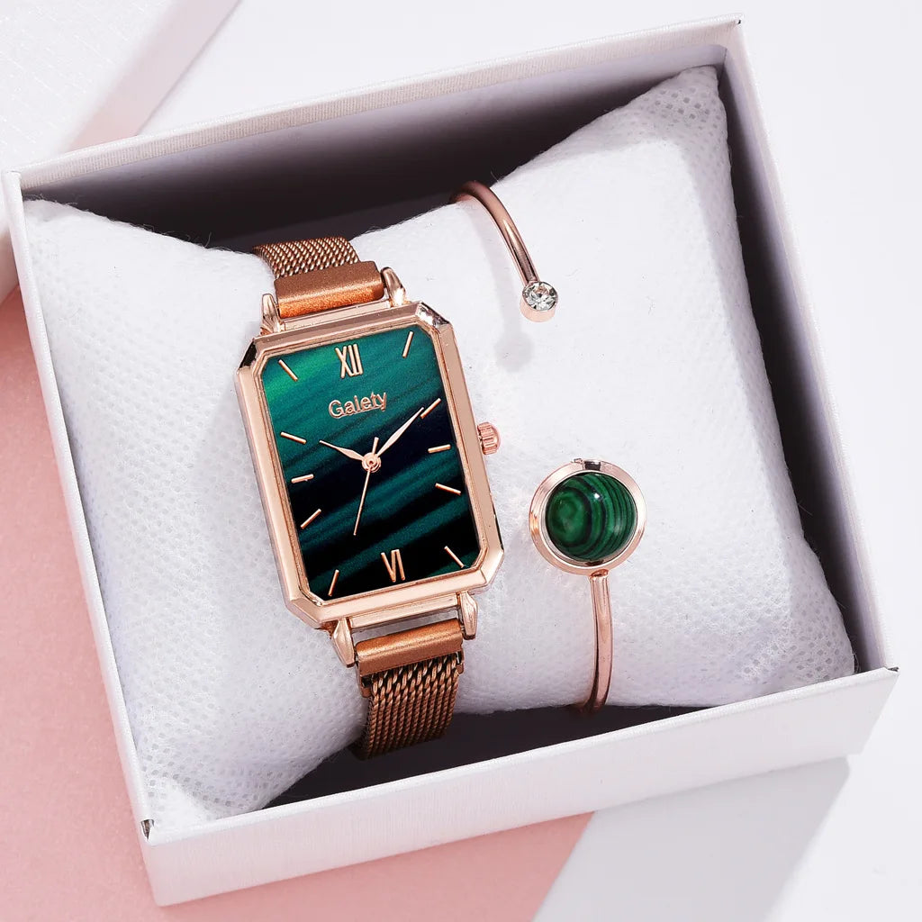 2pcs Set Women Watches Fashion Square Ladies Quartz Watch  Bracelet Simple Rose Gold Mesh Luxury Women Watches Relogio Feminino