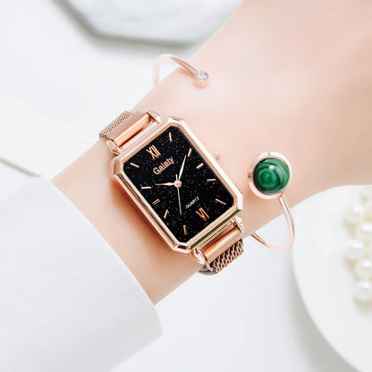 2pcs Set Women Watches Fashion Square Ladies Quartz Watch  Bracelet Simple Rose Gold Mesh Luxury Women Watches Relogio Feminino
